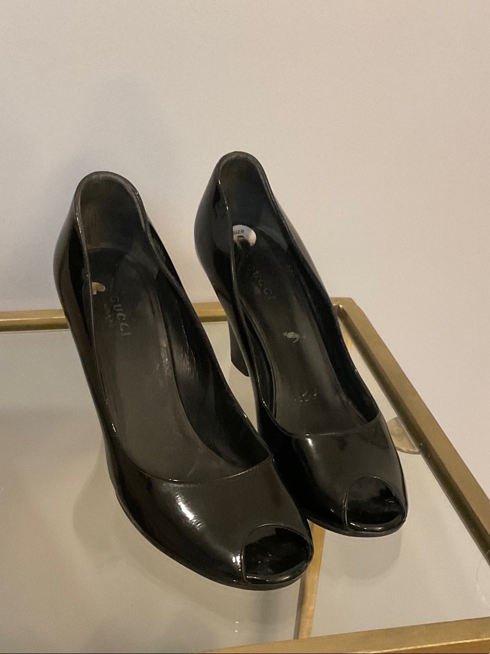 Gucci Black Patent Peep-Toe Wedge Pumps - Picture 3 of 3